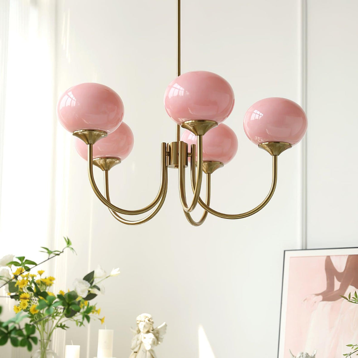 Pink Glass Globe Chandelier – Modern Elegant Hanging Lighting