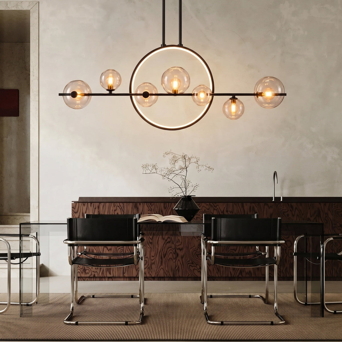 Circular Glass Globe LED Pendant Light – Geometric Linear Chandelier