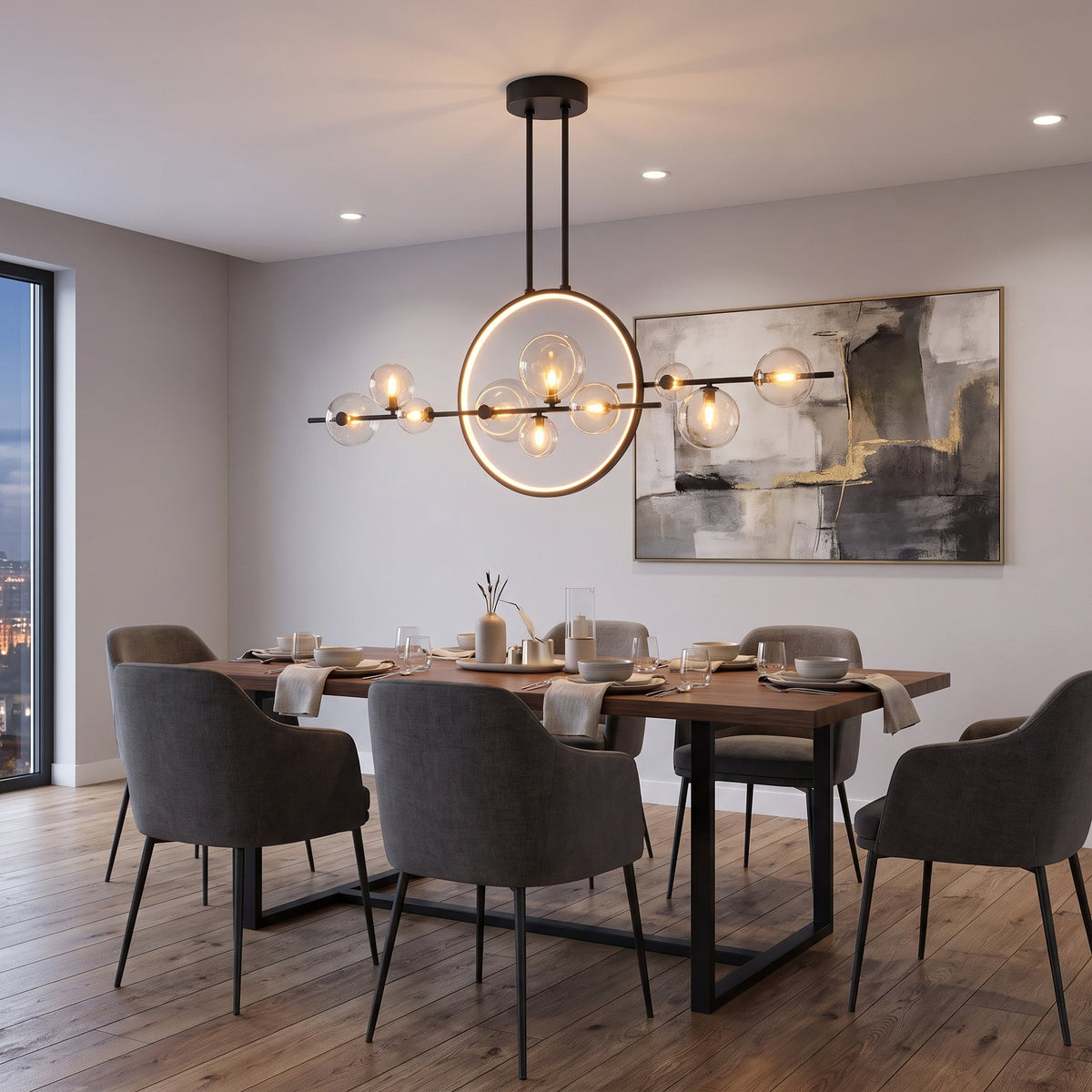 Circular Glass Globe LED Pendant Light – Geometric Linear Chandelier