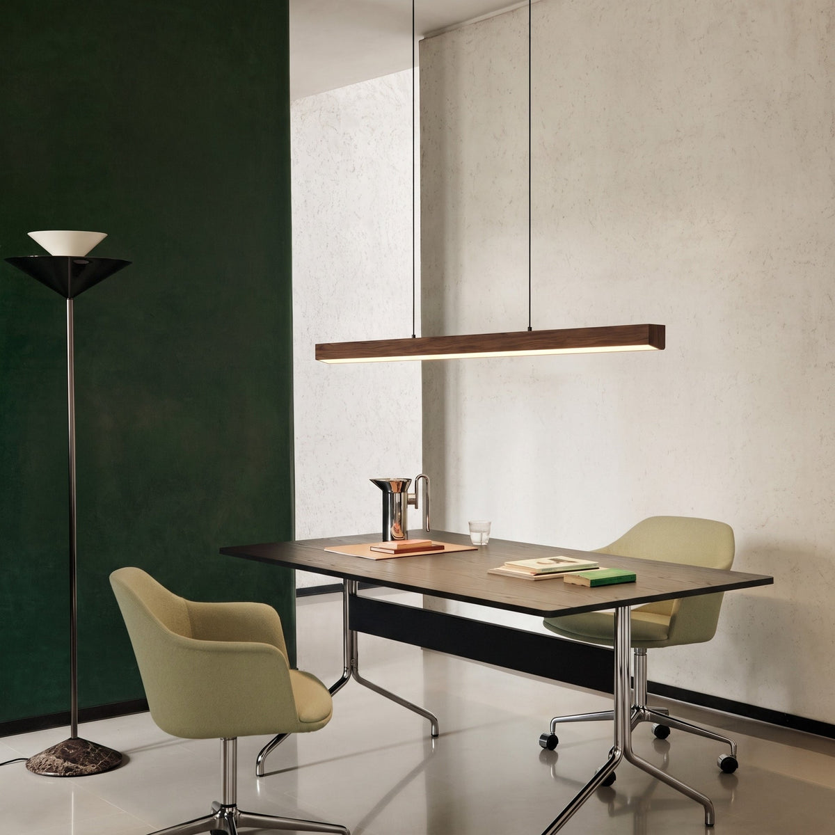 Walnut Wood Linear LED Pendant Light – Minimalist Hanging Lighting