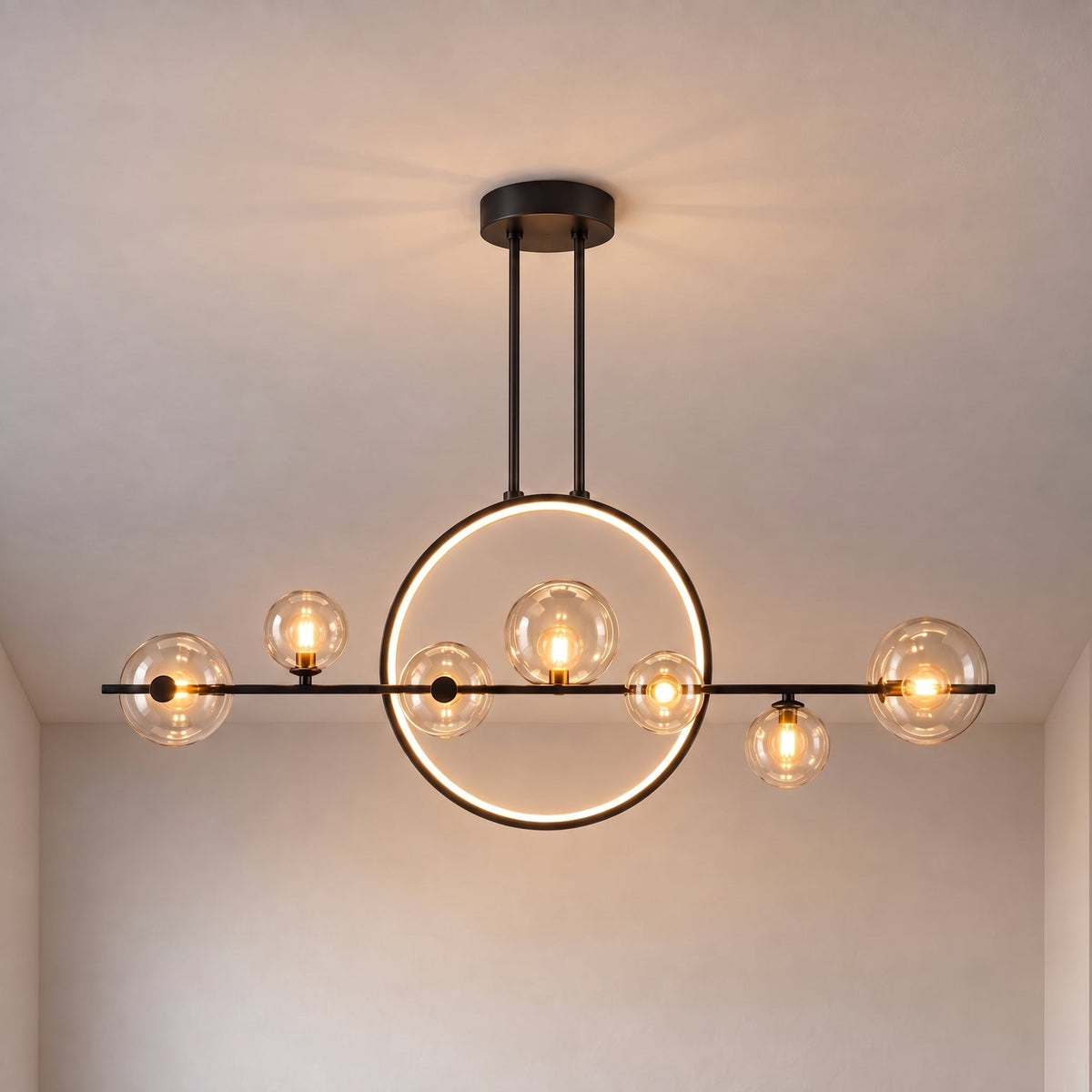 Circular Glass Globe LED Pendant Light – Geometric Linear Chandelier