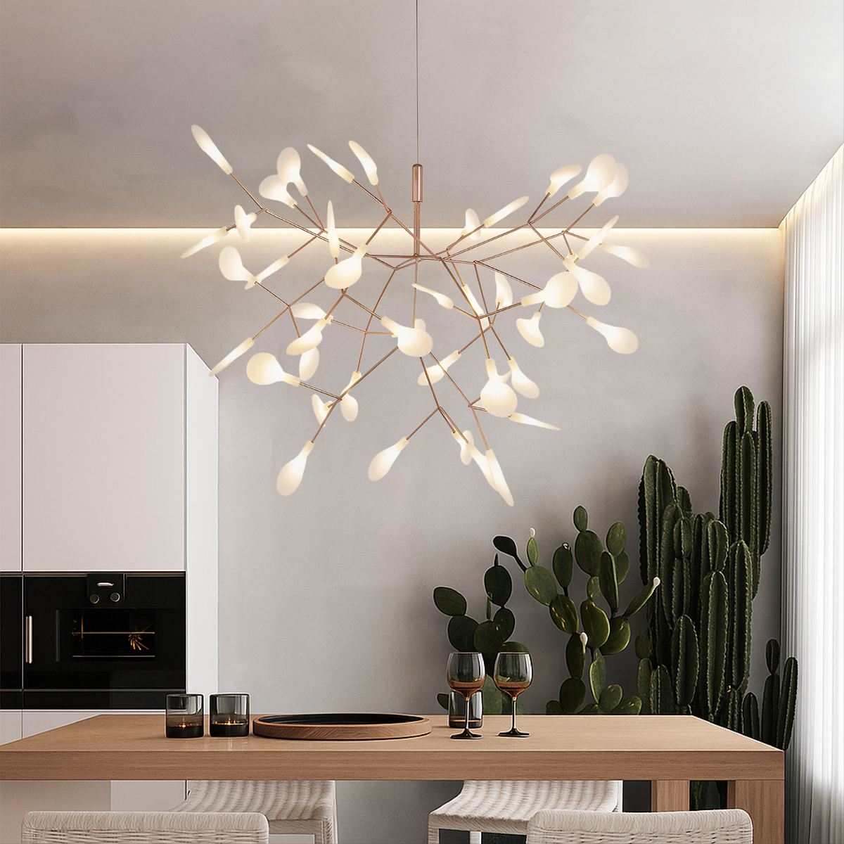 Rose Gold Firefly Pendant Light – Modern Branching LED Chandelier