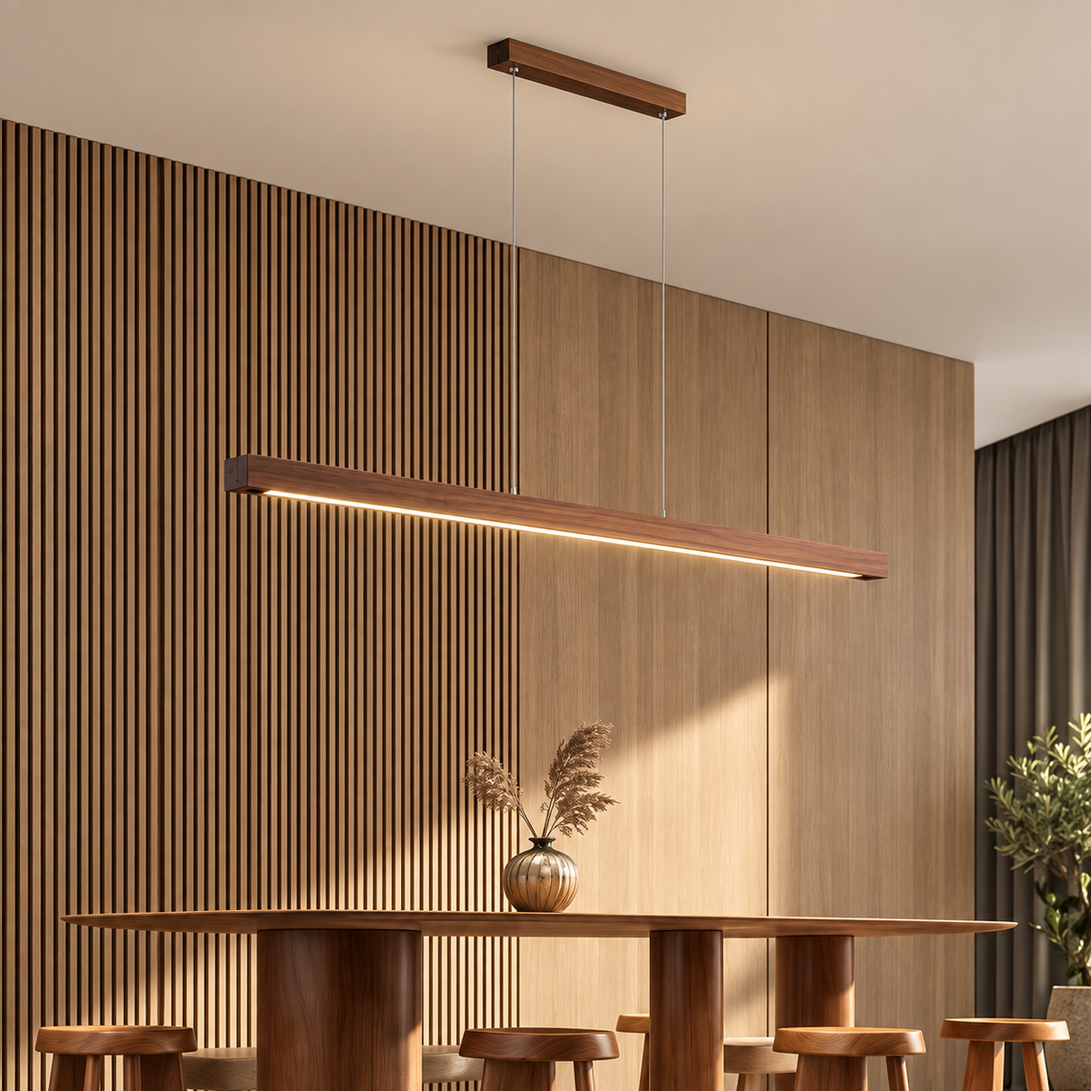 Walnut Wood Linear LED Pendant Light – Minimalist Hanging Lighting