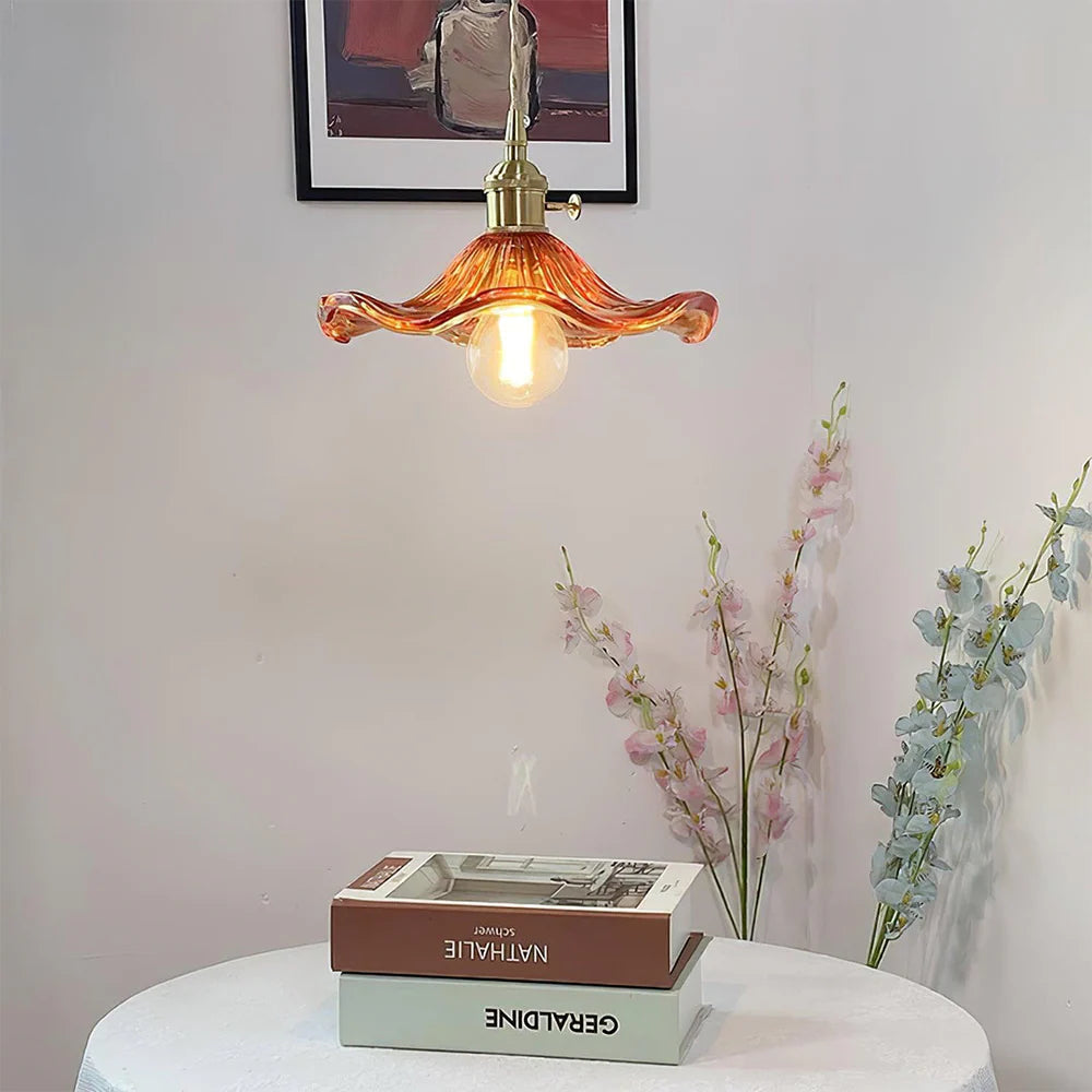 Vintage Floral Glass Pendant Light – Wavy Glass Shade Lighting