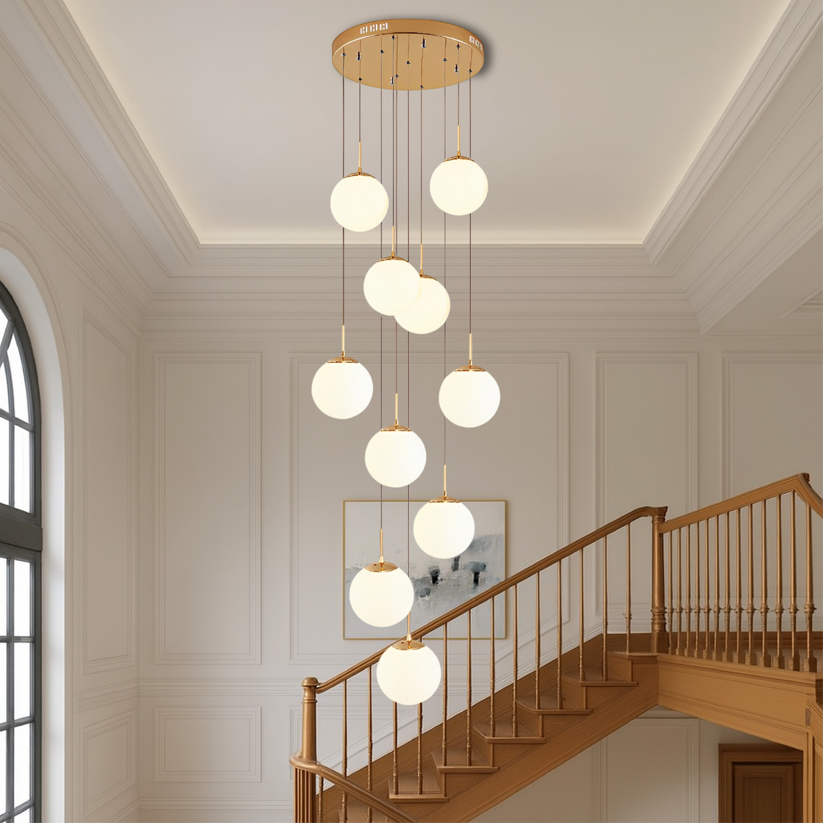 Glass Globe Staircase Chandelier – Modern Cascading LED Lighting