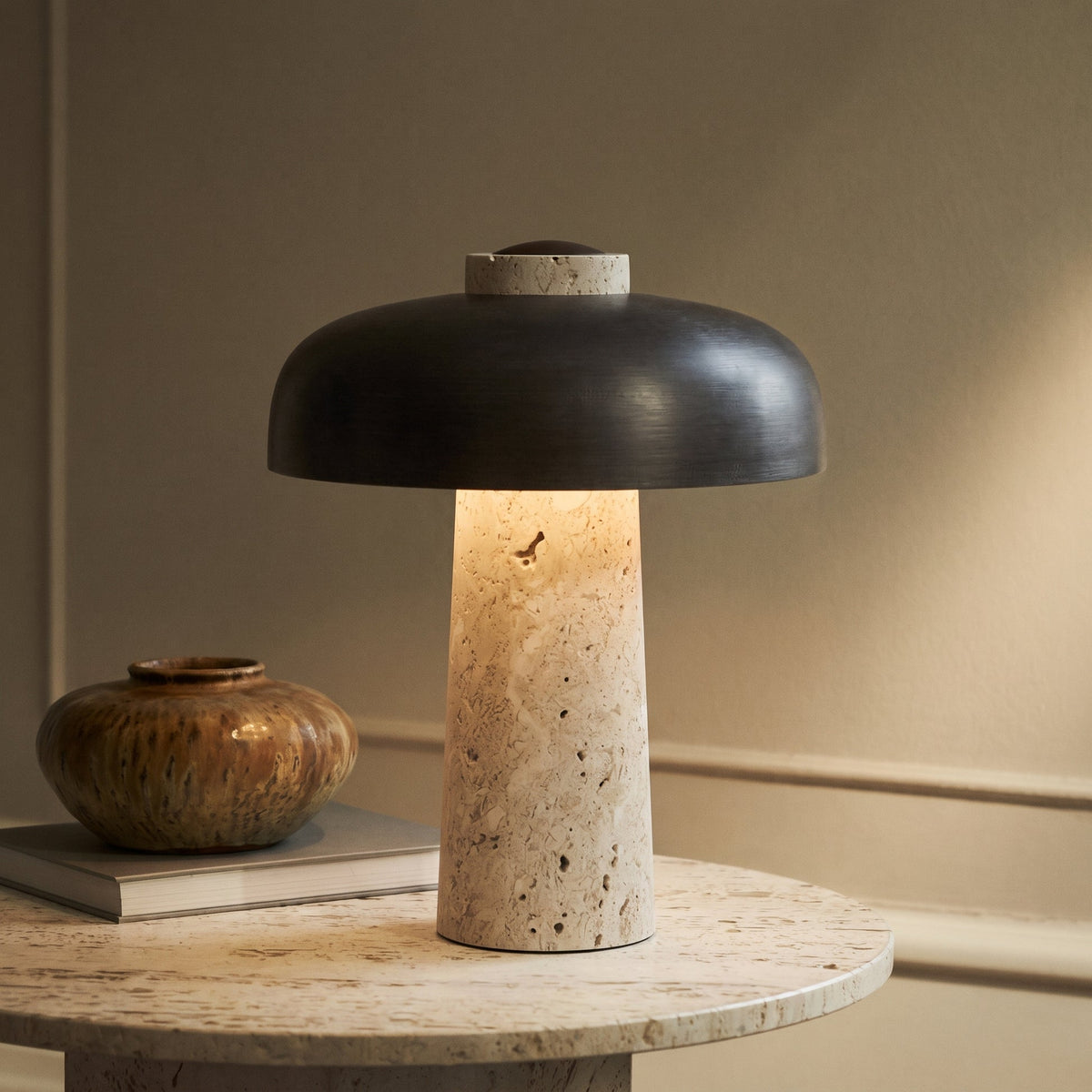 Travertine Mushroom Table Lamp – Natural Stone Accent Lighting