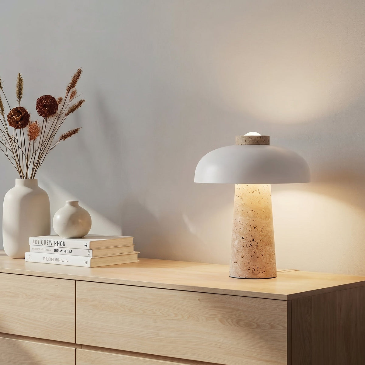 Travertine Mushroom Table Lamp – Natural Stone Accent Lighting