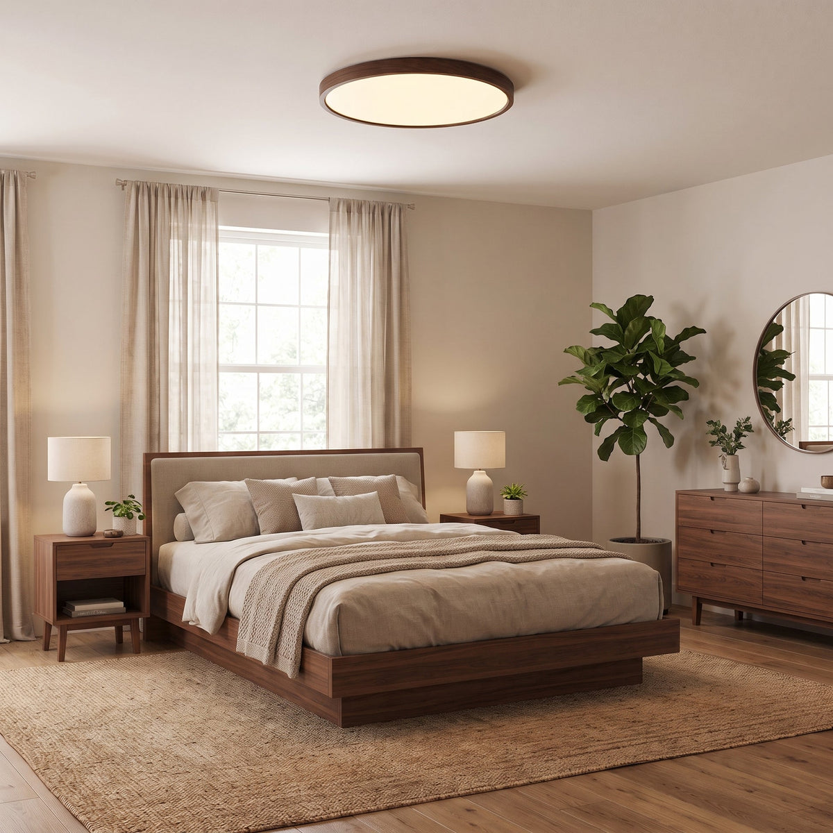 Walnut Wood Ceiling Light – Minimalist Round LED Lighting