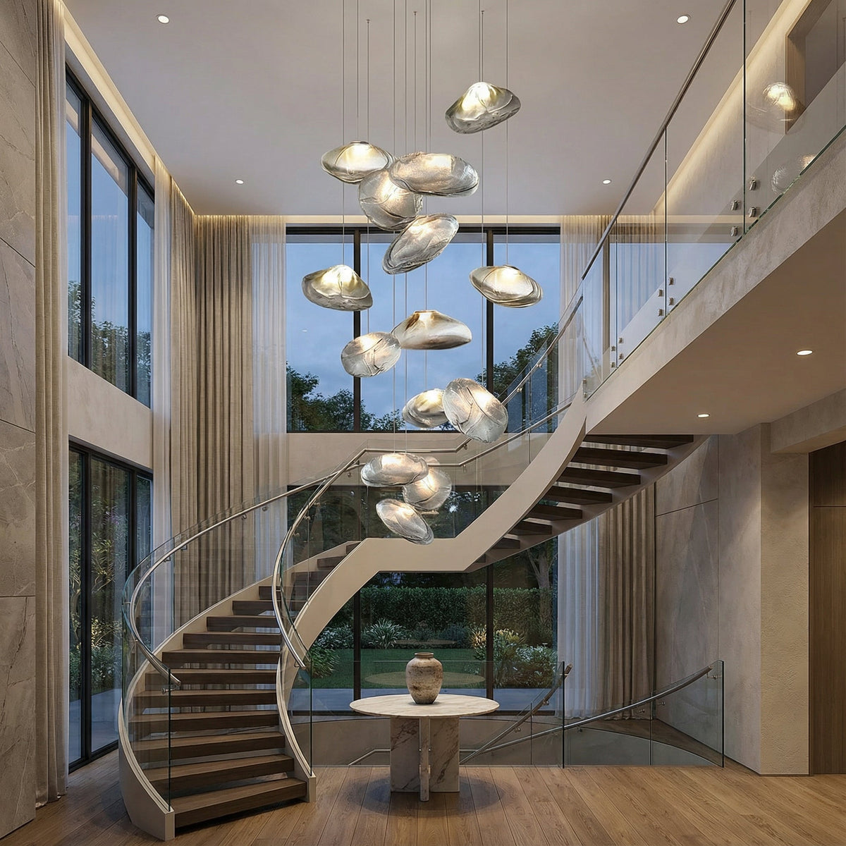 Modern Glass Staircase Chandelier – Cascading LED Pendant Lighting