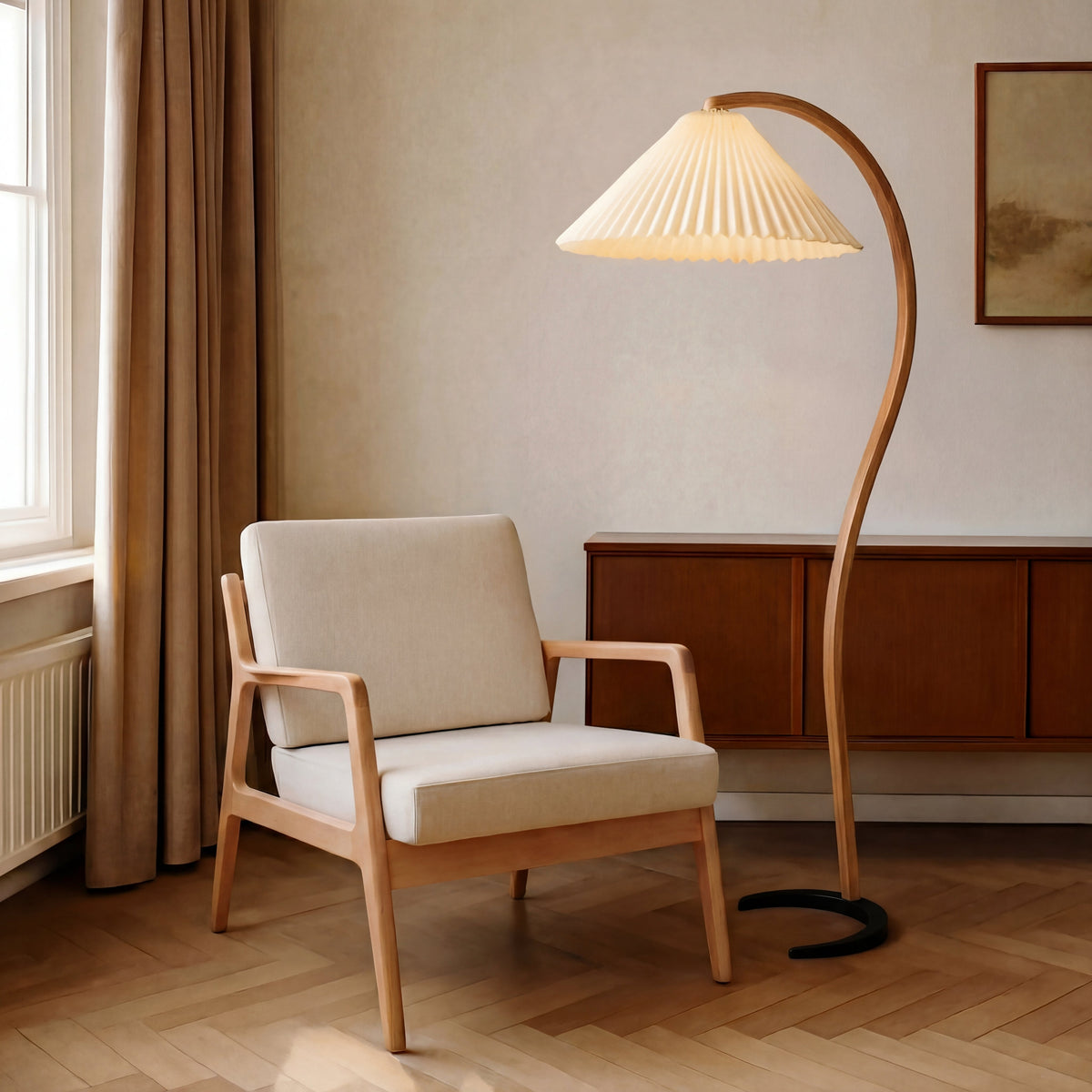 Caprani Floor Lamp – Scandinavian Curved Wood Lighting