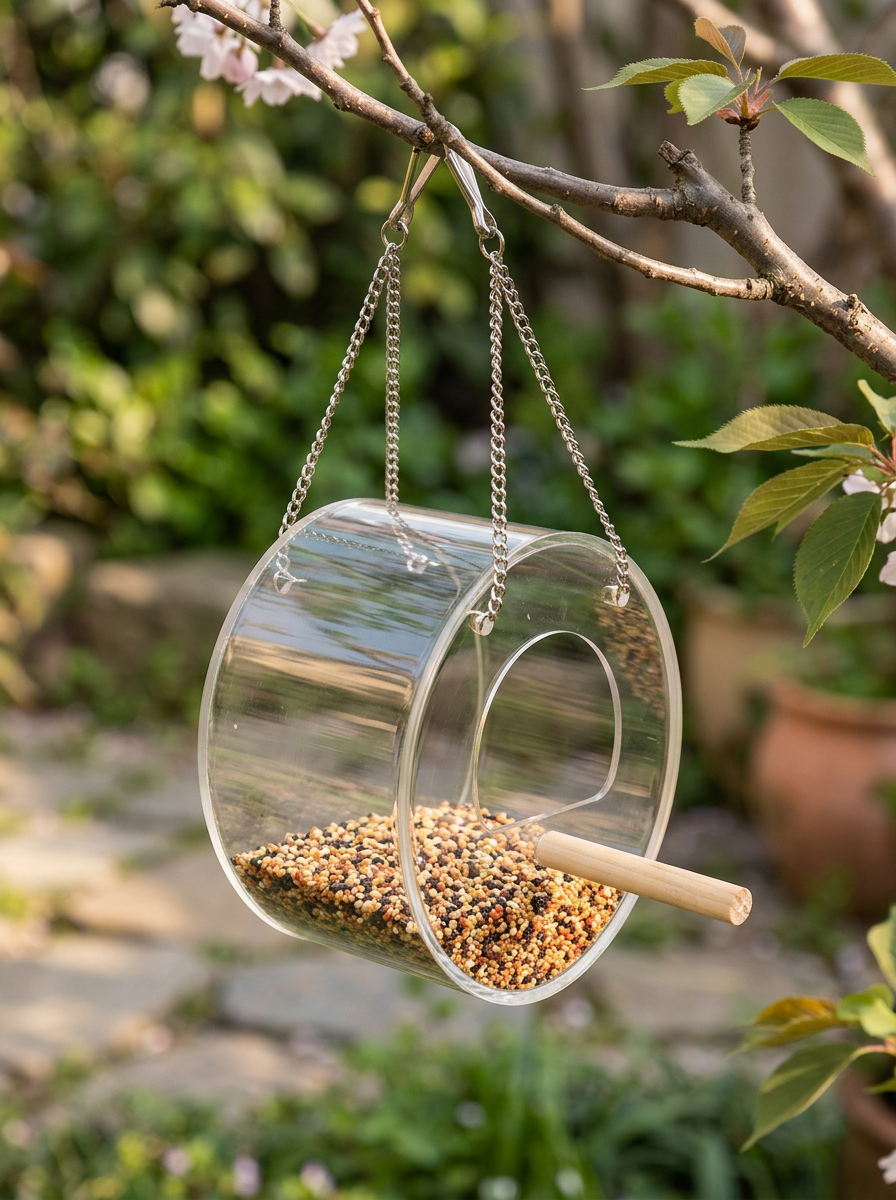 Outdoor Bird Food Box Hanging Clear Round | Perch