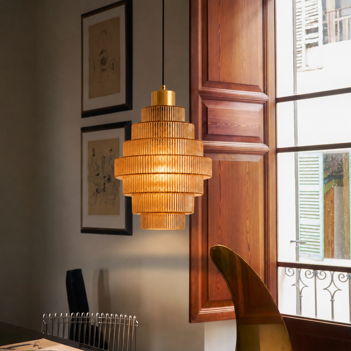 Tiered Ribbed Glass Pendant Light – Antique Brass Lighting