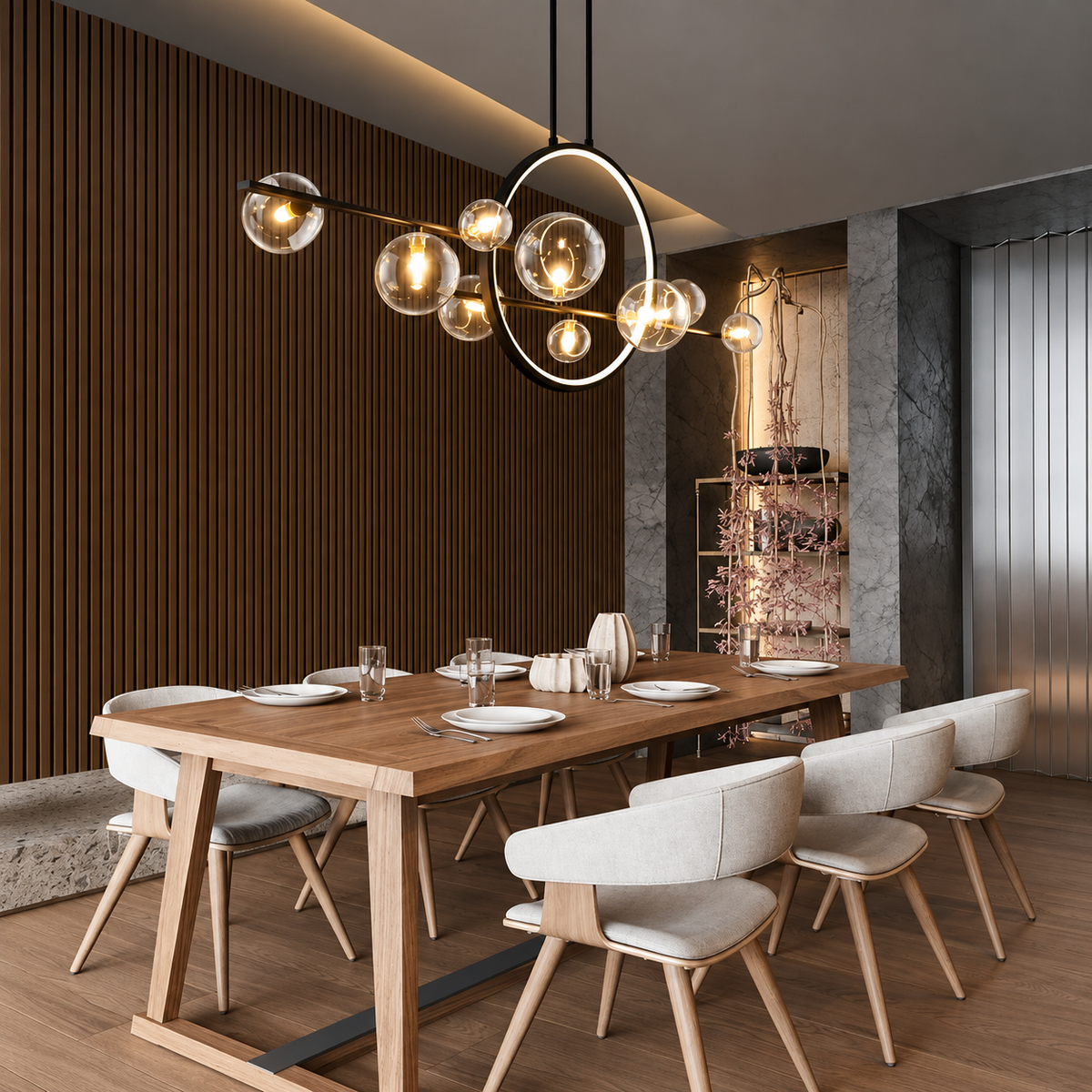 Circular Glass Globe LED Pendant Light – Geometric Linear Chandelier