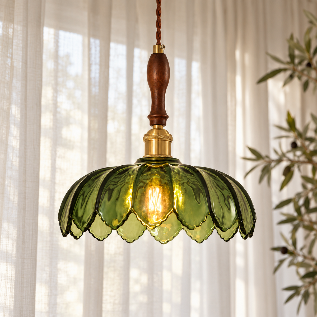 Vintage Floral Ribbed Glass Pendant Light