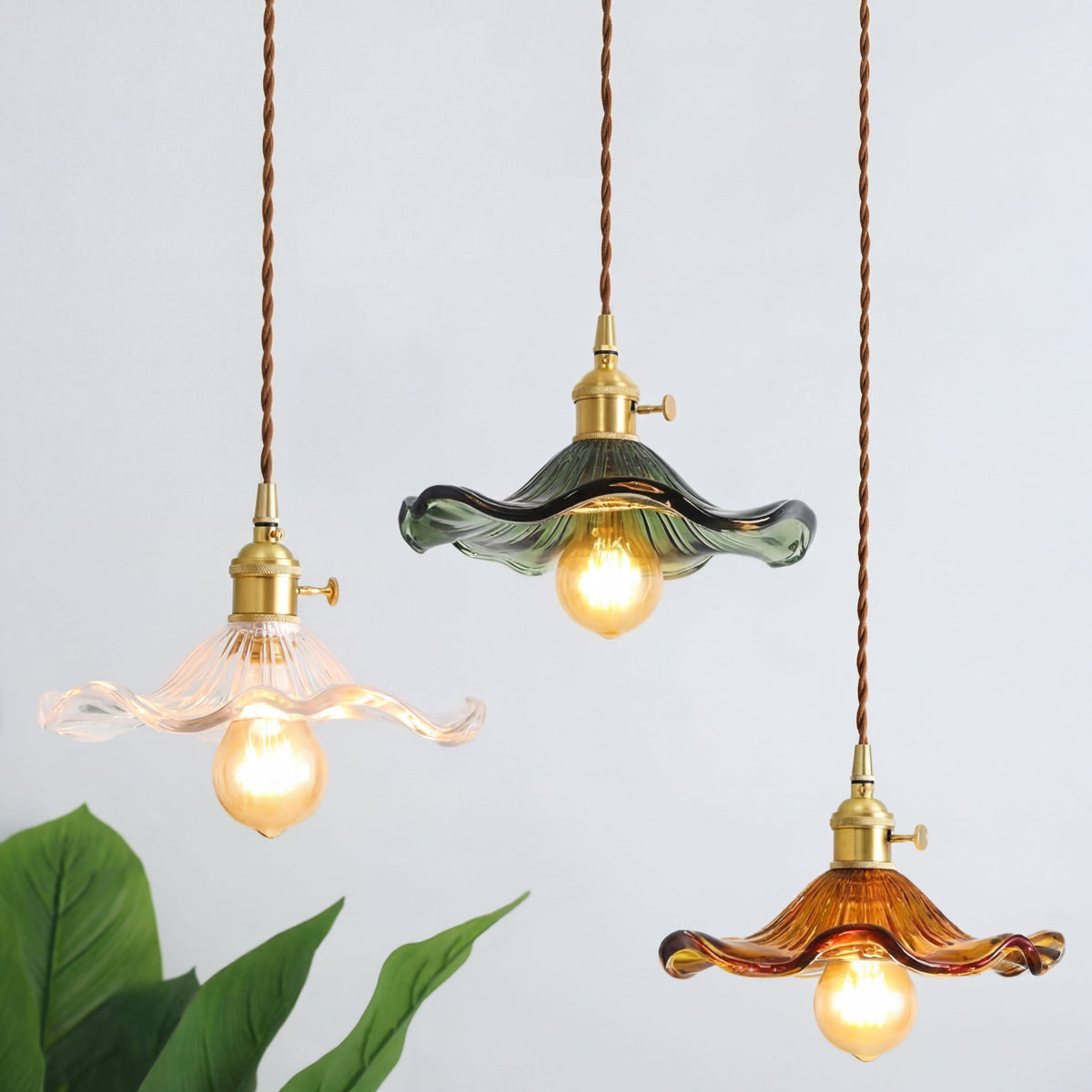 Vintage Floral Glass Pendant Light – Wavy Glass Shade Lighting