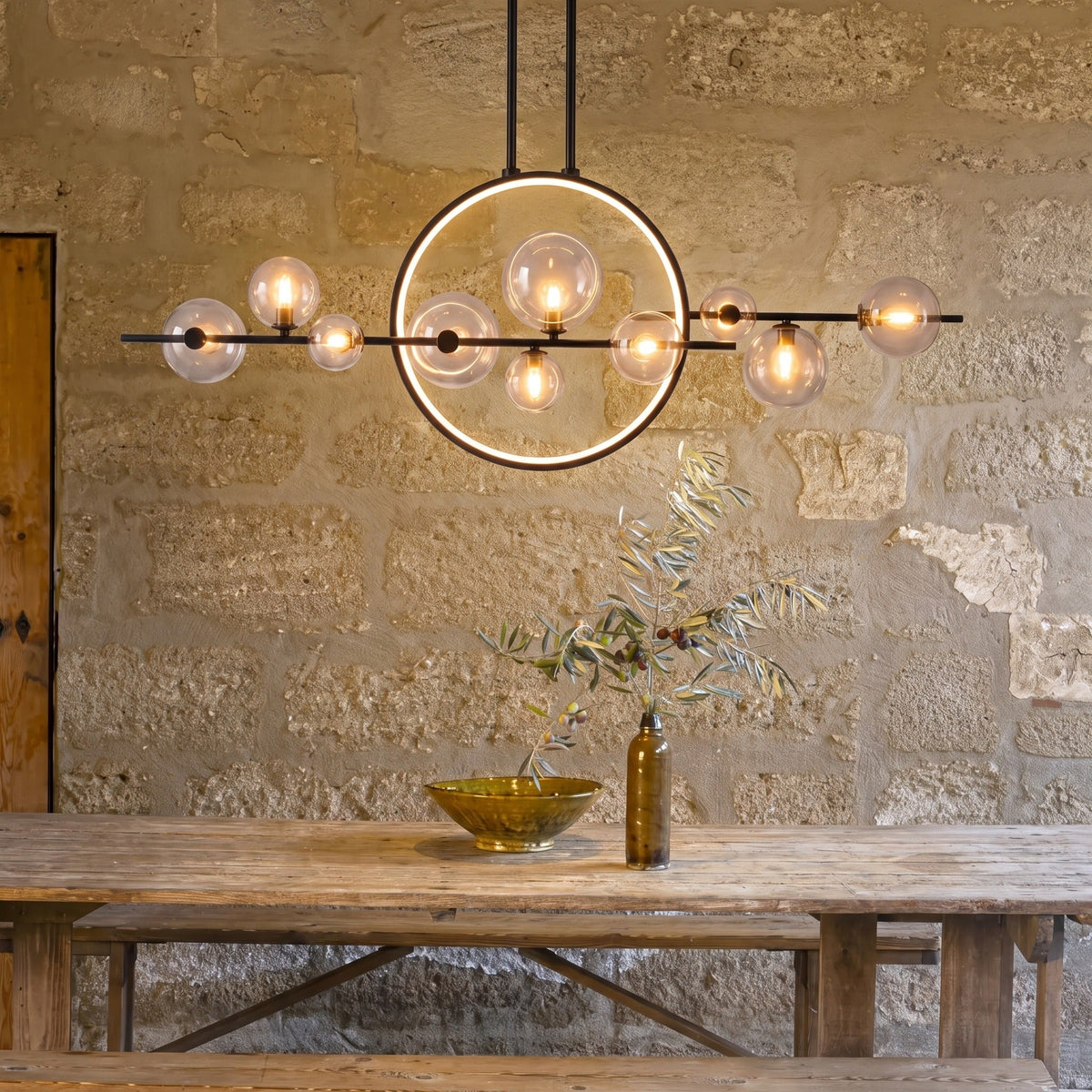 Circular Glass Globe LED Pendant Light – Geometric Linear Chandelier
