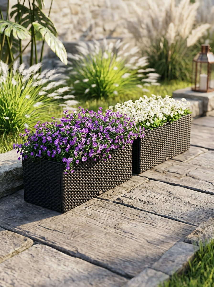 Planters Outdoor Garden Rattan-Style Set of 2 | Black