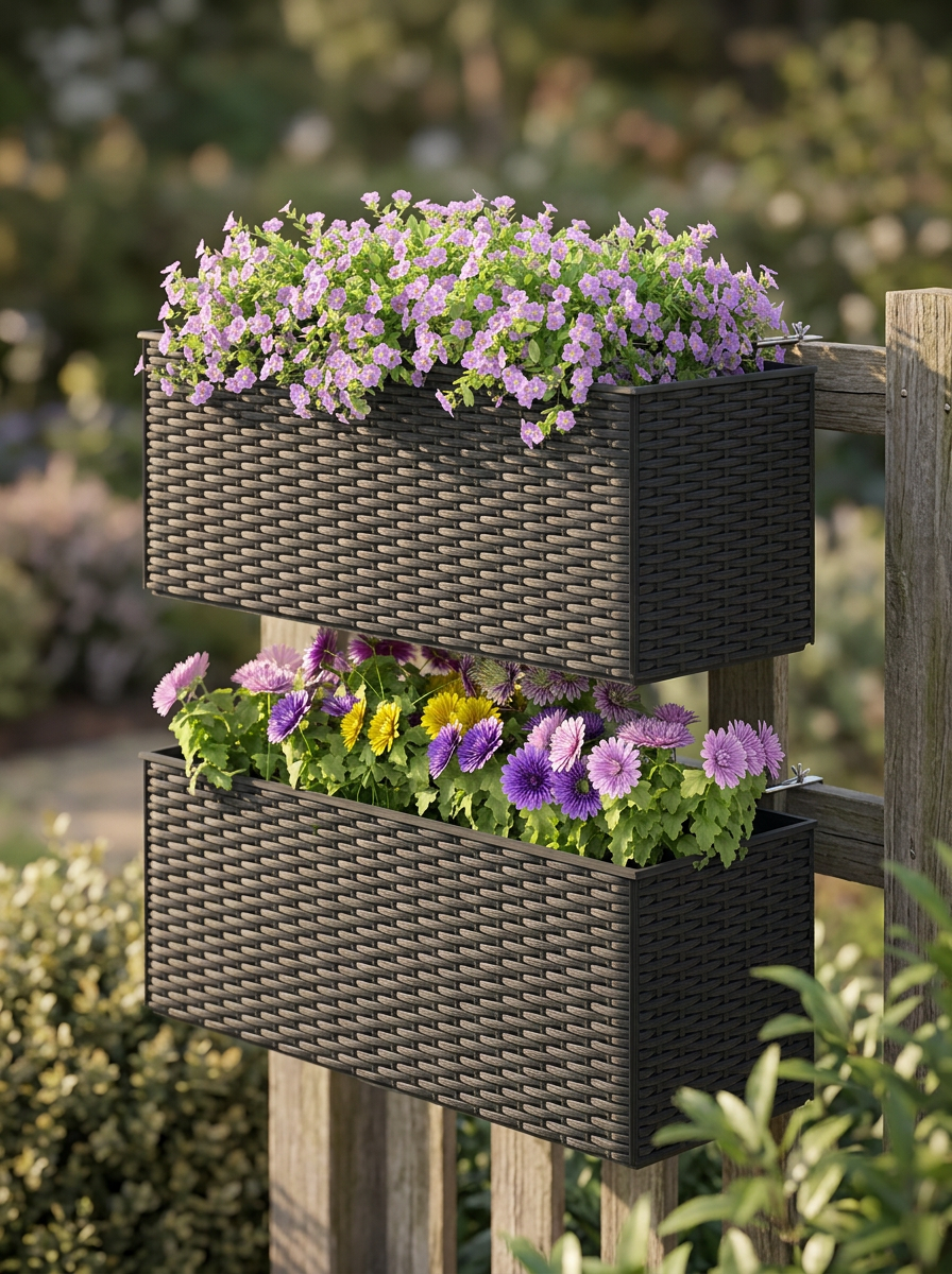 Planters Outdoor Garden Rattan-Style Set of 2 | Black