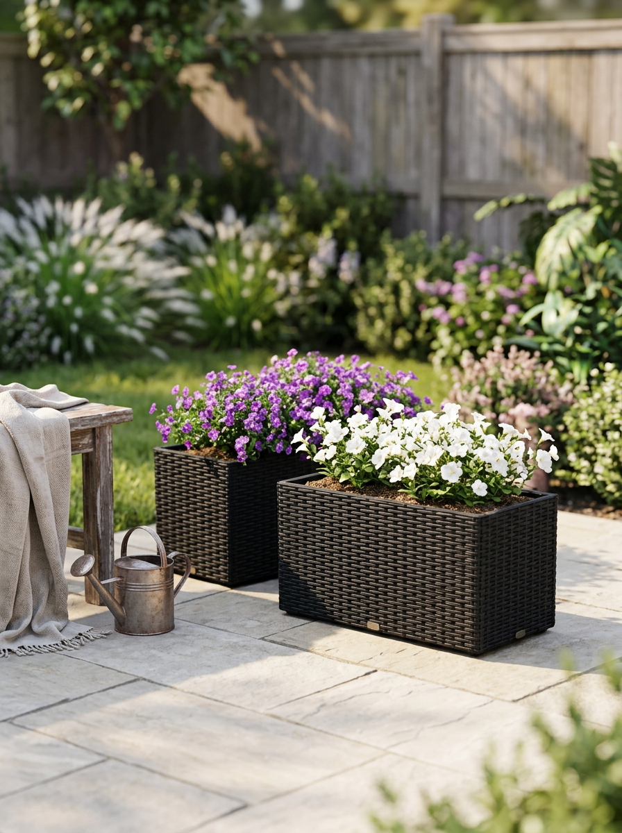 Planters Outdoor Garden Rattan-Style Set of 2 | Black