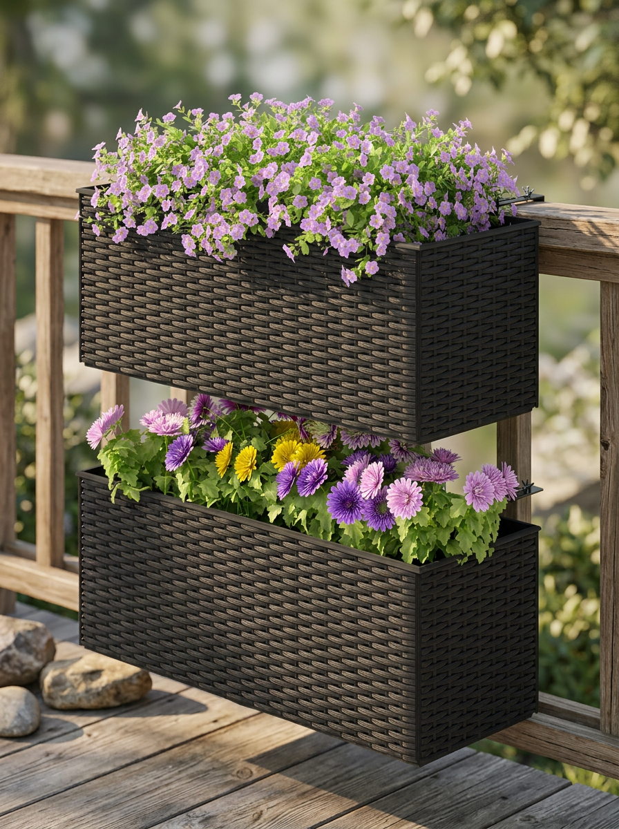 Planters Outdoor Garden Rattan-Style Set of 2 | Black