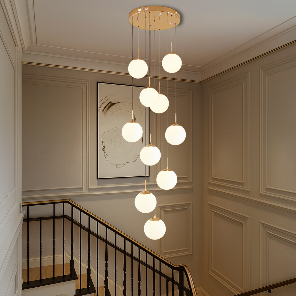 Glass Globe Staircase Chandelier – Modern Cascading LED Lighting