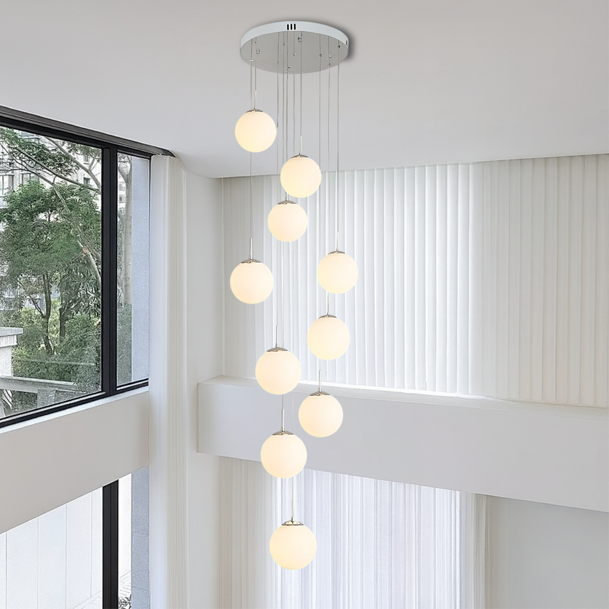 Glass Globe Staircase Chandelier – Modern Cascading LED Lighting