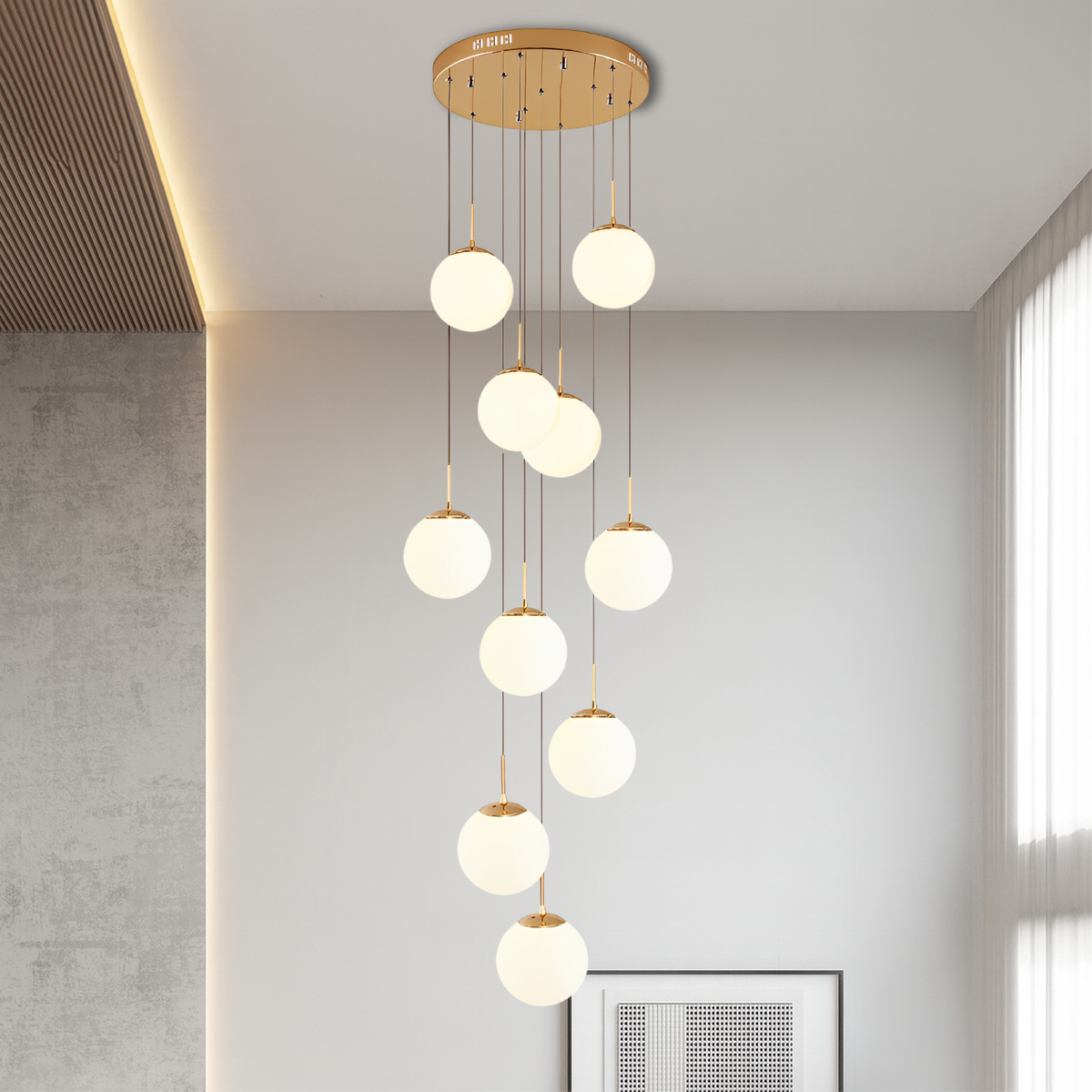 Glass Globe Staircase Chandelier – Modern Cascading LED Lighting