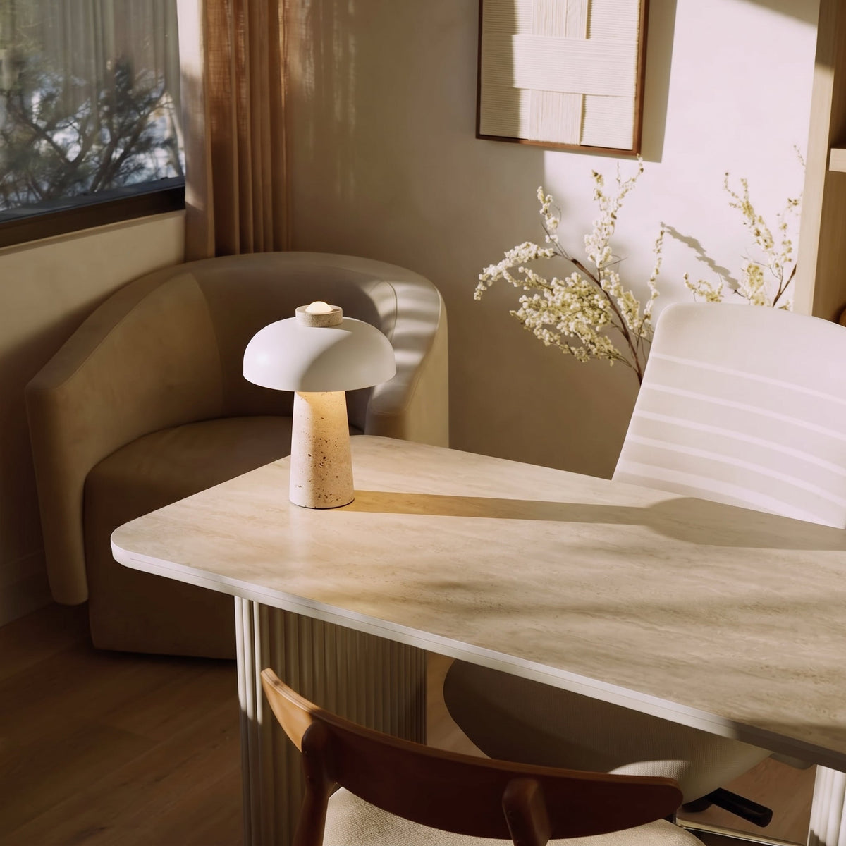 Travertine Mushroom Table Lamp – Natural Stone Accent Lighting
